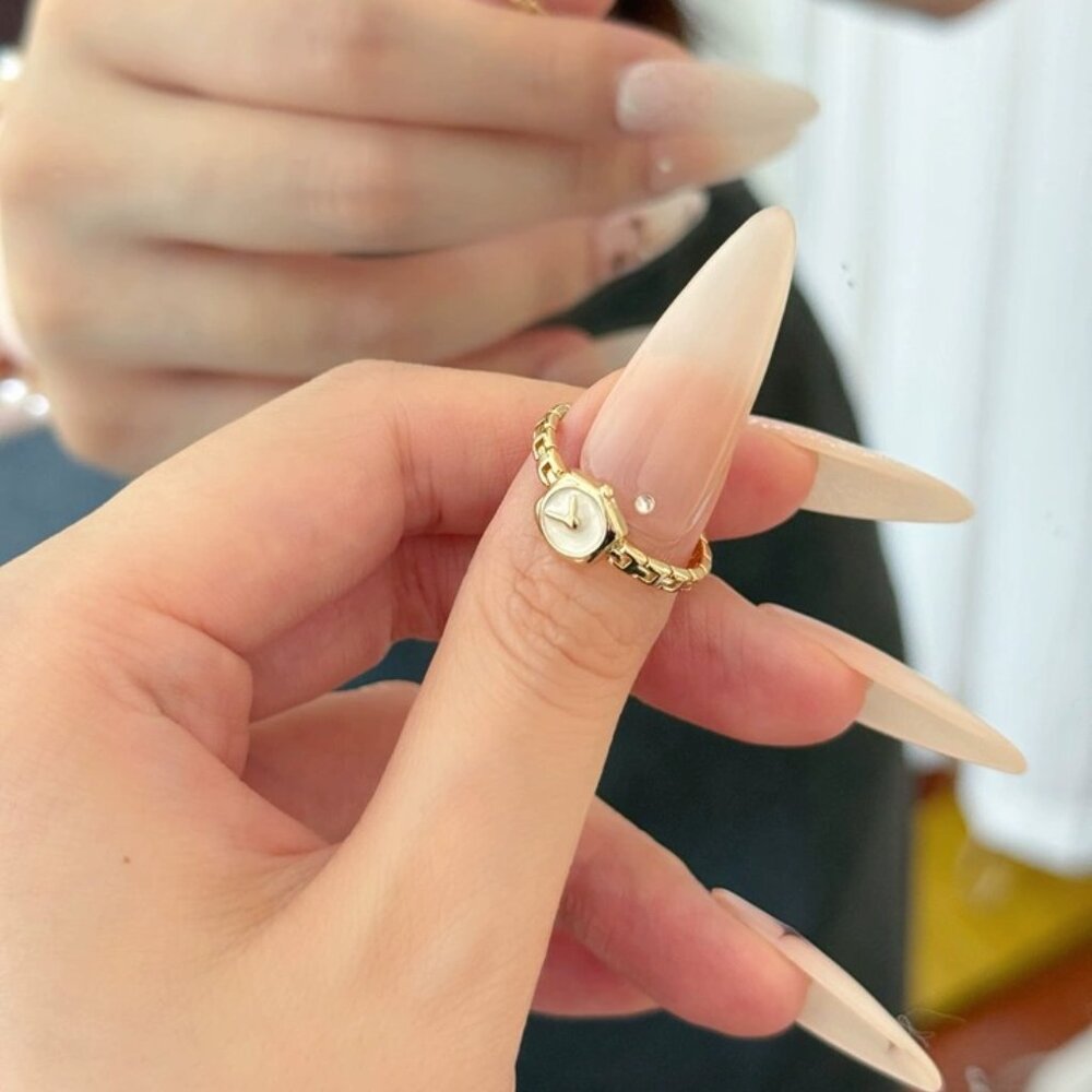 Dainty Gold Tone Mini Watch Face Open Ring/Adjustable